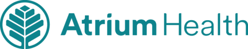 Atrium Health Logo - Teal sans-serif type with teal icon of a tree inside a circle to left