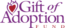 Gift of Adoption Logo - Purple and red serif type with heart and people icon in upper left