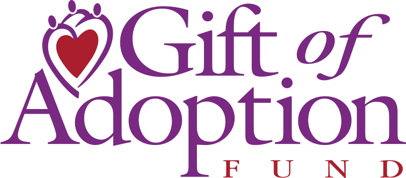 Gift of Adoption Logo - Purple and red serif type with heart and people icon in upper left