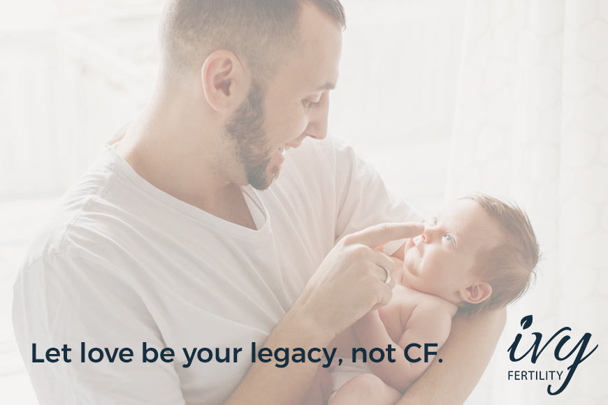 Photo of a man holding a baby with overlaying navy blue sans-serif type and Ivy Fertility logo