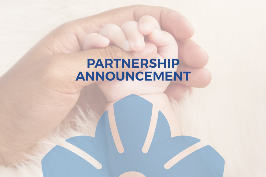 Graphic showing photo of a baby holding a person's thumb with overlaying dark blue sans-serif type and blue flower at the bottom