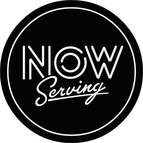 Now Serving Logo - Black circle with rounded white sans-serif type