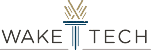 Wake Tech Logo - Dark brown sans-serif type with blue and tan torch icon in center