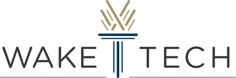 Wake Tech Logo - Dark brown sans-serif type with blue and tan torch icon in center