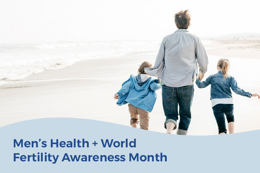 Photo of a father and two children running on a beach with overlaying pale blue swoosh at the bottom with navy blue sans-serif type
