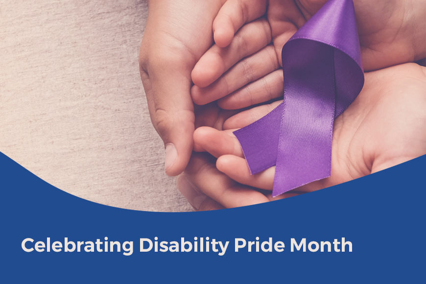 Photo of overlaying hands holding a purple cause ribbon with overlaying blue swoosh at the bottom with off white sans-serif type