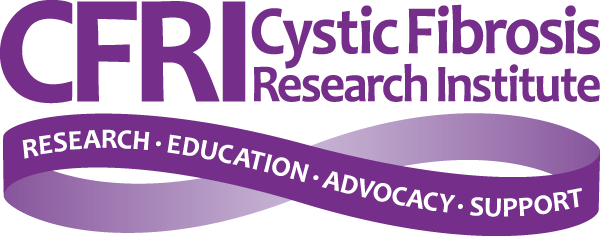 Cystic Fibrosis Research Institute Logo - Purple sans-serif type with ribbon below and white sans-serif type