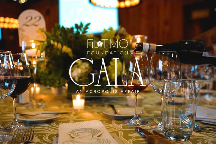 Graphic showing photo of table setting at the Filotimo Foundation Gala 2025 with white overlaying text and logo