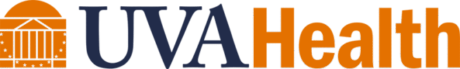 UVA Health Logo - Navy blue serif type and orange sans-serif type with orange building icon to left