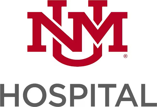 University of New Mexico Hospital Logo - Red serif collegiate type over dark gray sans-serif type