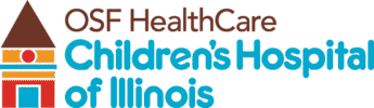 OSF HealthCare Childrens Hospital Of Illinois Logo - Brown and cyan sans-serif type with building icon to left