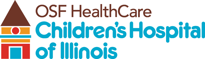 OSF HealthCare Childrens Hospital Of Illinois Logo - Brown and cyan sans-serif type with building icon to left