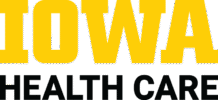 Iowa Health Care Logo - Yellow serif collegiate type over black sans-serif type
