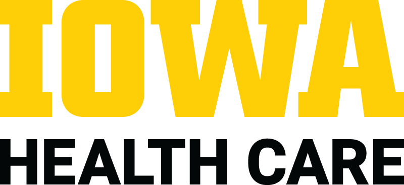 Iowa Health Care Logo - Yellow serif collegiate type over black sans-serif type