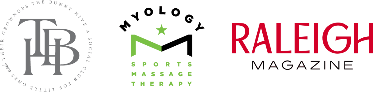 Bunny Hive, Myology Sports Massage, and Raleigh Magazine logos