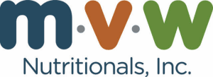 MVW Nutritionals Logo - Blue sans-serif type with uppercase MVW above in blue, burnt orange, and green