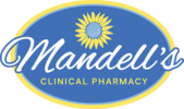Mandells Logo - White script type over yellow sans-serif type with sunflower illustration above all in blue oval with yellow border
