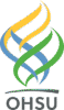 OHSU Logo - Dark gray sans-serif type with yellow, blue, and green flame icon above