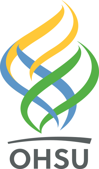 OHSU Logo - Dark gray sans-serif type with yellow, blue, and green flame icon above