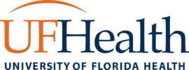University of Florida Health Logo - Blue and orange serif type with stylized orange arc above type