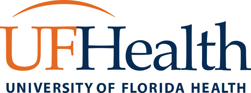University of Florida Health Logo - Blue and orange serif type with stylized orange arc above type