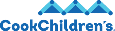 Cooks Children's Hospital Logo - Blue sans-serif type with stylized icon above in blue and cyan
