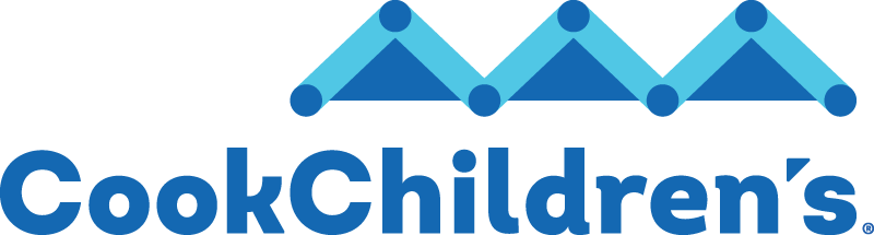 Cooks Children's Hospital Logo - Blue sans-serif type with stylized icon above in blue and cyan