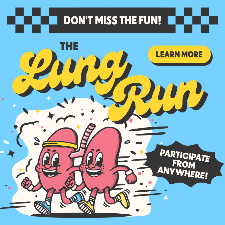Graphic showing lungs illustration with yellow script type and black and white sans-serif type over cyan background