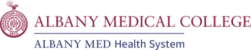 Albany Medical College Logo - Dark red and blue serif type with round seal to left