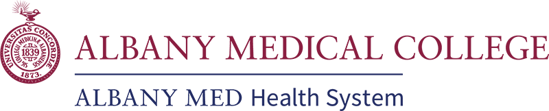 Albany Medical College Logo - Dark red and blue serif type with round seal to left