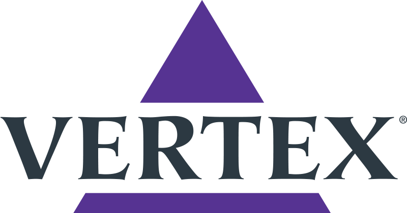 Vertex Logo - Dark gray serif type in the middle of a purple triangle