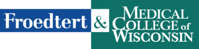 Froedtert Medical College of Wisconsin Logo - White serif type inside blue and green rectangles