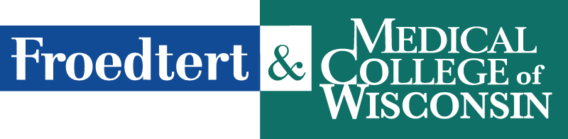 Froedtert Medical College of Wisconsin Logo - White serif type inside blue and green rectangles