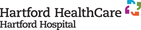 Hartford Healthcare Logo - Black serif type with cyan, green, orange, and purple apostrophes icon un upper right