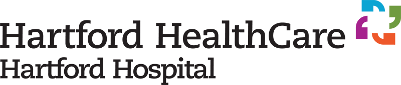 Hartford Healthcare Logo - Black serif type with cyan, green, orange, and purple apostrophes icon un upper right