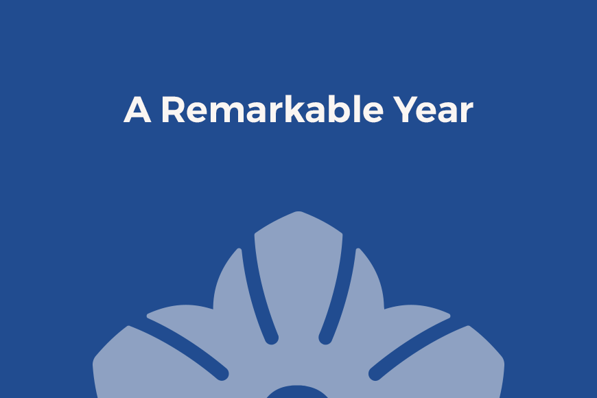 Graphic showing off white sans-serif type with flower at the bottom over dark blue background