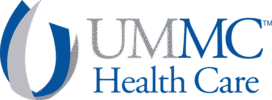 UMMC Logo - Blue and gray serif type with blue and gray swoosh icon to left
