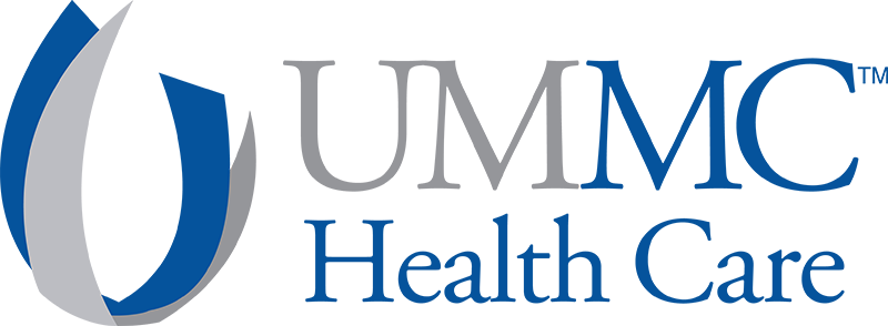 UMMC Logo - Blue and gray serif type with blue and gray swoosh icon to left