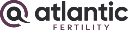 Atlantic Fertility Logo - Black and plum sans-serif type with icon of egg and sperm to left