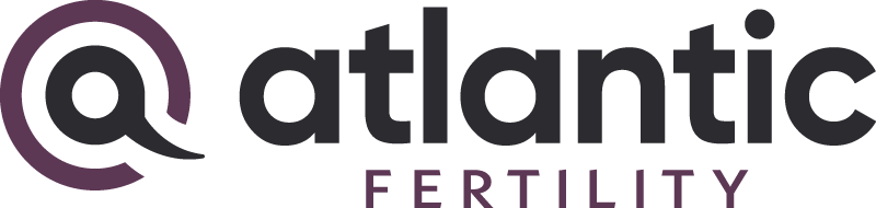 Atlantic Fertility Logo - Black and plum sans-serif type with icon of egg and sperm to left