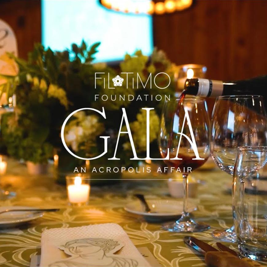 Graphic showing photo of table setting at the Filotimo Foundation Gala 2025 with white overlaying text and logo