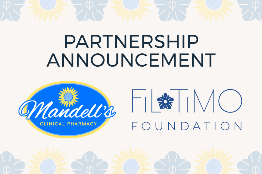 Partnership announcement featuring the Mandell’s Clinical Pharmacy and Filotimo Foundation logos with a decorative floral border.