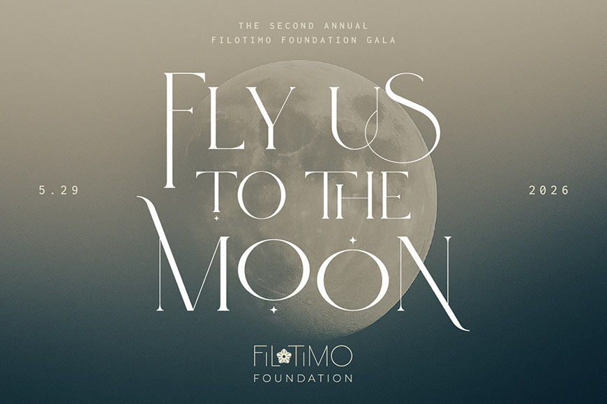 Graphic showing muted photo of the moon with overlaying white serif type and Filotimo logo