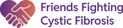 Friends Fighting Cystic Fibrosis Logo - Purple sans-serif type with purple-orange gradient hands-heart icon to left