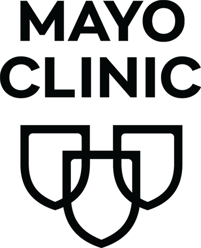 Mayo Clinic Logo - Black sans-serif type with icon of three overlapping shields below