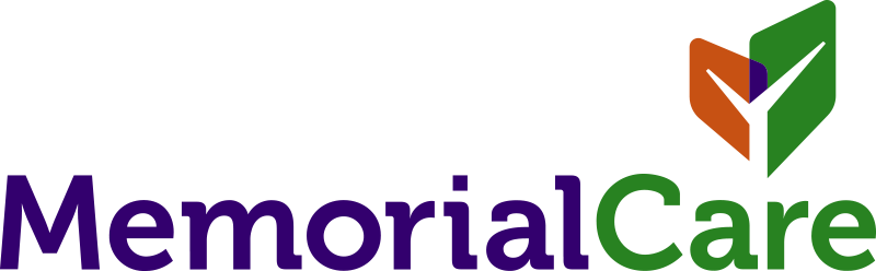 Memorial Care Logo - Purple and green serif type with orange purple and green icon in upper right