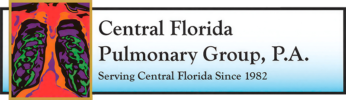 Central Florida Pulmonary Group Logo - Black serif type over light blue gradient with chest imaging photo to left