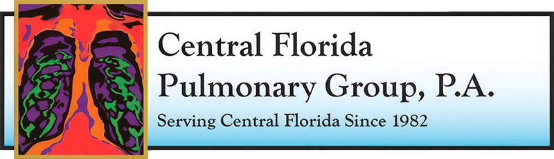 Central Florida Pulmonary Group Logo - Black serif type over light blue gradient with chest imaging photo to left