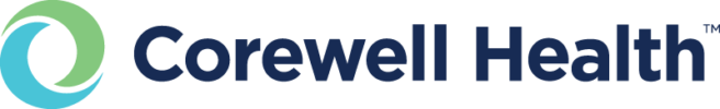 Corewell Health Logo - Dark blue sans-serif type with cyan and light green circular swoosh to left