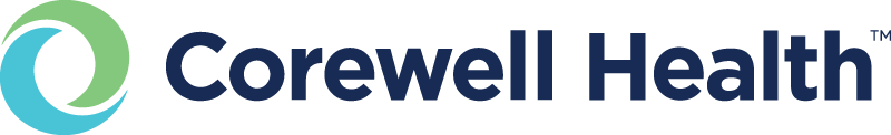 Corewell Health Logo - Dark blue sans-serif type with cyan and light green circular swoosh to left